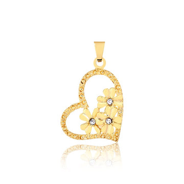 18K Gold Layered Oro Laminado Clear CZ Center In Flower Design Inside of A Heart Shape Pendant 31.0035/1